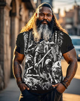Plus Size Black Print T-shirt Men's T-shirt With A Viking Warrior Running With Two Wolves In The Dark Woods-printed Front And Back